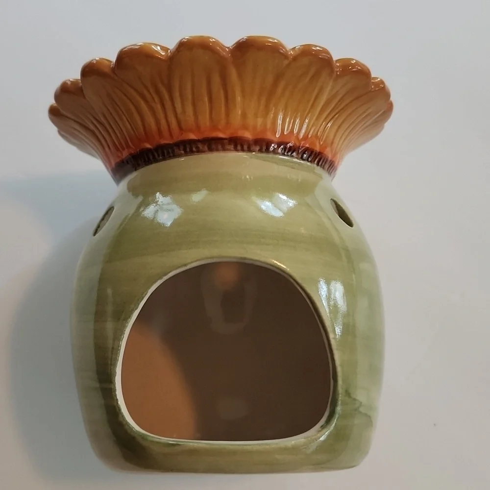 Colors of Autumn Ceramic Candle Holder - Green and Copper Sunower Design